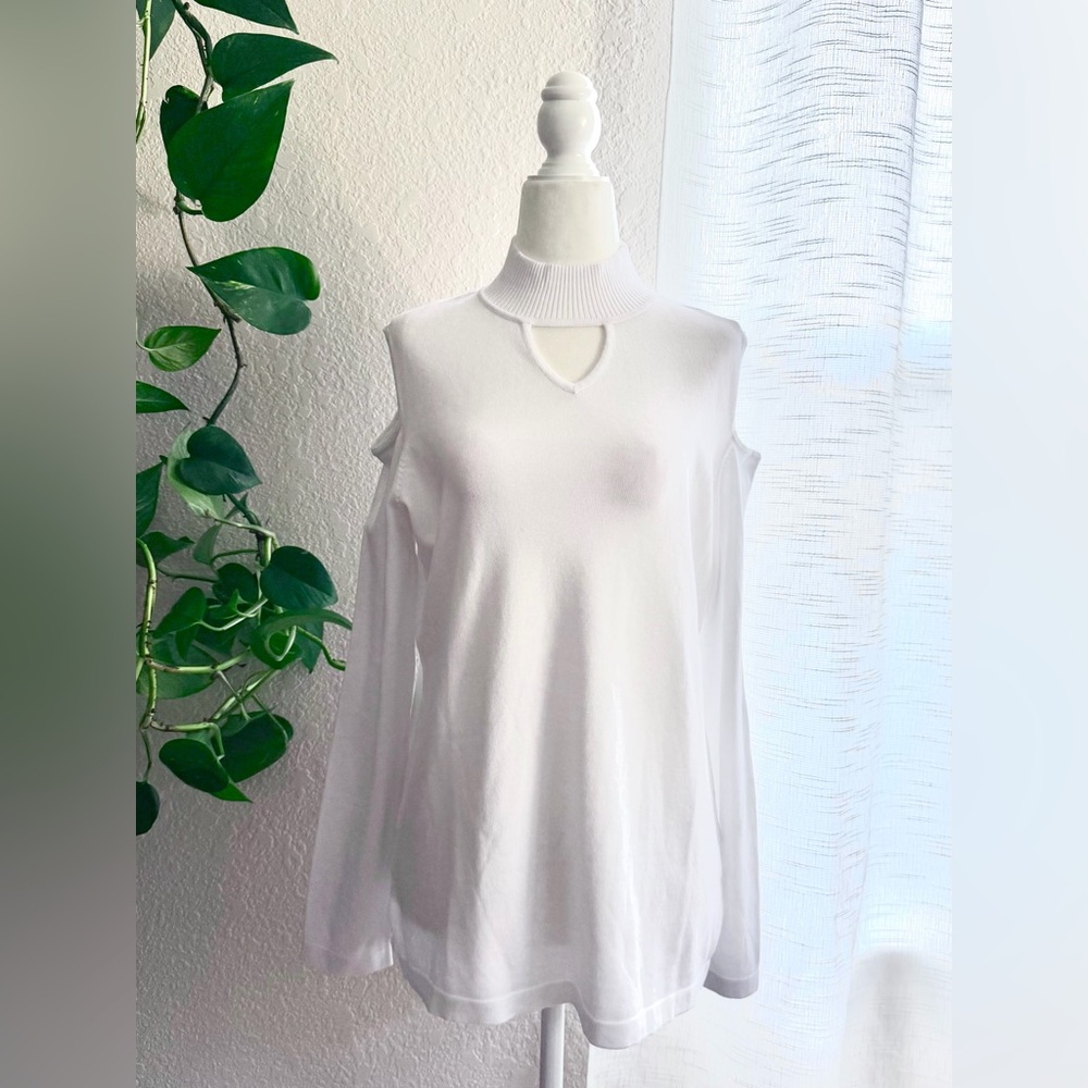 Susan Graver White Cold-Shoulder Long Sleeve Knit Sweater Top with Mock Neck